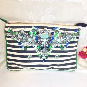Accessorize Beaded Black White Stripe Clutch Purse